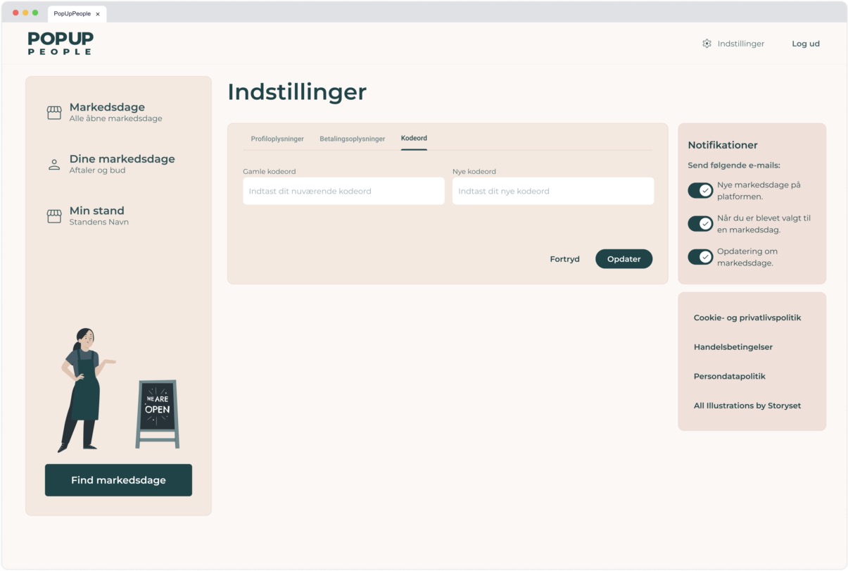 Settings page password tab for vendors with current and new password fields, update action, and sidebar notifications.